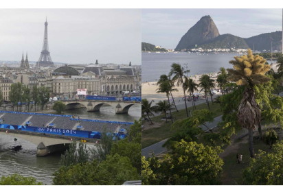 Montagem que une as cidades de Paris, capital da França, e Rio de Janeiro, no Brasil -  (crédito: Ricardo Mazalan / POOL / AFP // AFP) -Montagem que une as cidades de Paris, capital da França, e Rio de Janeiro, no Brasil -  (crédito: Ricardo Mazalan / POOL / AFP // AFP)