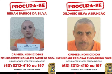 Os detentos Renan Barros da Silva, de 26 anos, e Gildásio Silva Assunção, de 47 anos -  (crédito: Reprodução/SSP-TO)