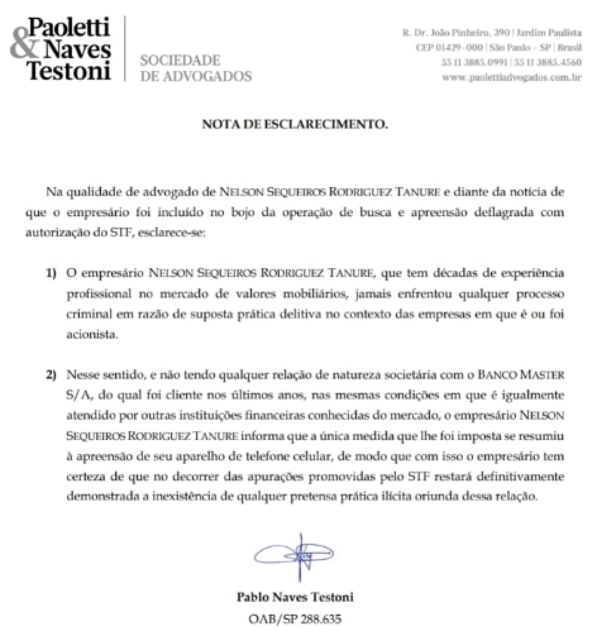 Nota da defesa de Nelson Tanure