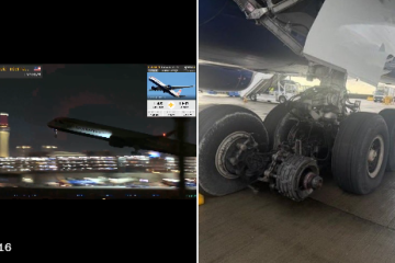 Imagens mostram o avião em meio à decolagem, pouco antes de perder o pneu, e o trem de pouso já depois de chegar ao destino, sem a peça perdida -  (crédito: Reprodução / X / @omar_quraishi)