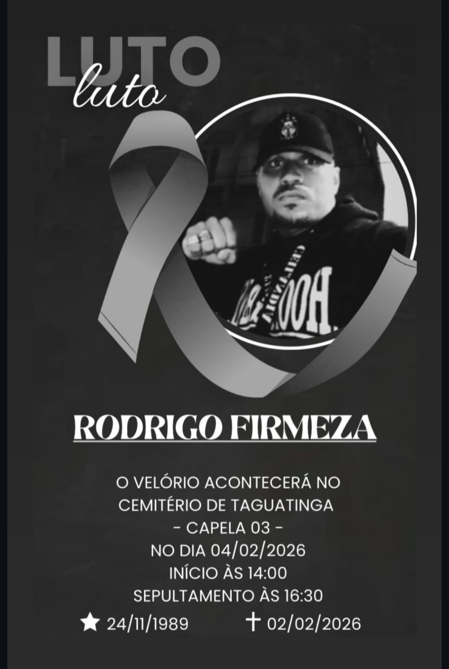O vel&oacute;rio ser&aacute; nesta quarta-feira (4/2), &agrave;s 14h na Capela 3 do Cemit&eacute;rio de Taguatinga