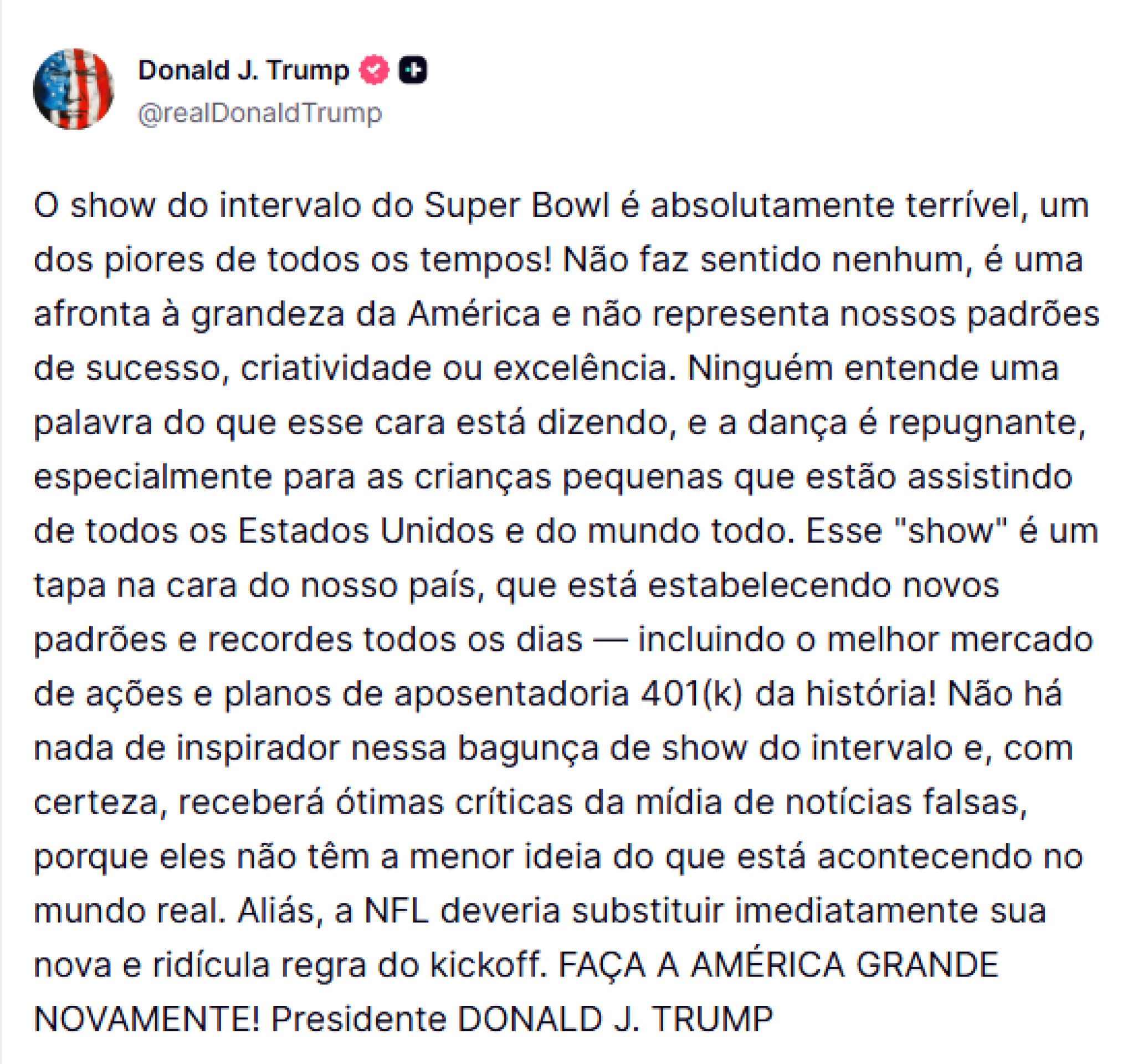 Donald Trump critica apresenta&ccedil;&atilde;o de Bad Bunny, no Superbowl de 2026