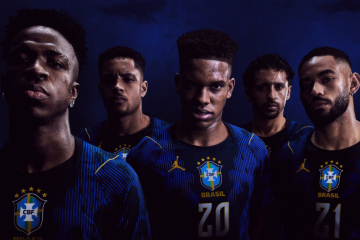 Da esquerda para direita, os jogadores Vinicius Junior (atacante, Real Madrid), Vitor Roque (atacante, Palmeiras), Estêvão (atacante, Chelsea), Marquinhos (zagueiro, PSG) e Matheus Cunha (atacante, Manchester United), durante a campanha de divulgação -  (crédito:  Divulgação/Jordan/Nike)