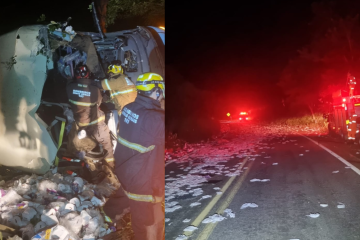 O ônibus retornava de Governador Valadares (MG) para Conselheiro Pena (MG) quando bateu lateralmente em uma carreta de carga -  (crédito: PMRv/Reprodução)