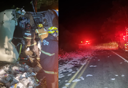 O ônibus retornava de Governador Valadares (MG) para Conselheiro Pena (MG) quando bateu lateralmente em uma carreta de carga -  (crédito: PMRv/Reprodução)