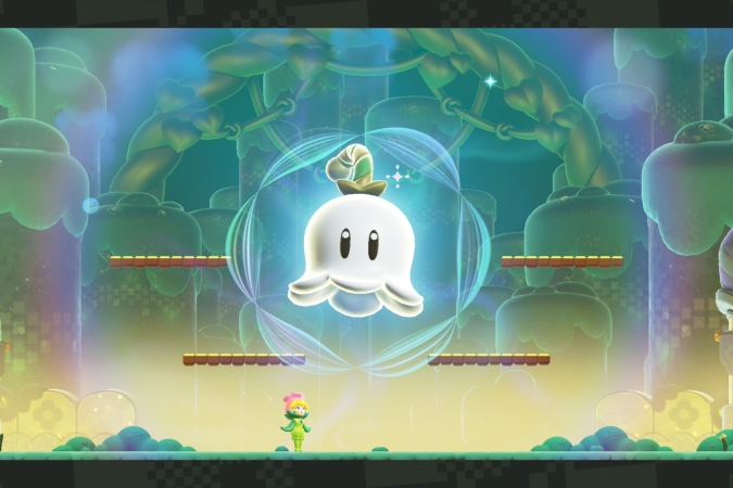 Cena do jogo Super Mario Bros. Wonder, versão Nintendo Switch 2, com adição da expansão Encontro no Parque Bellabel