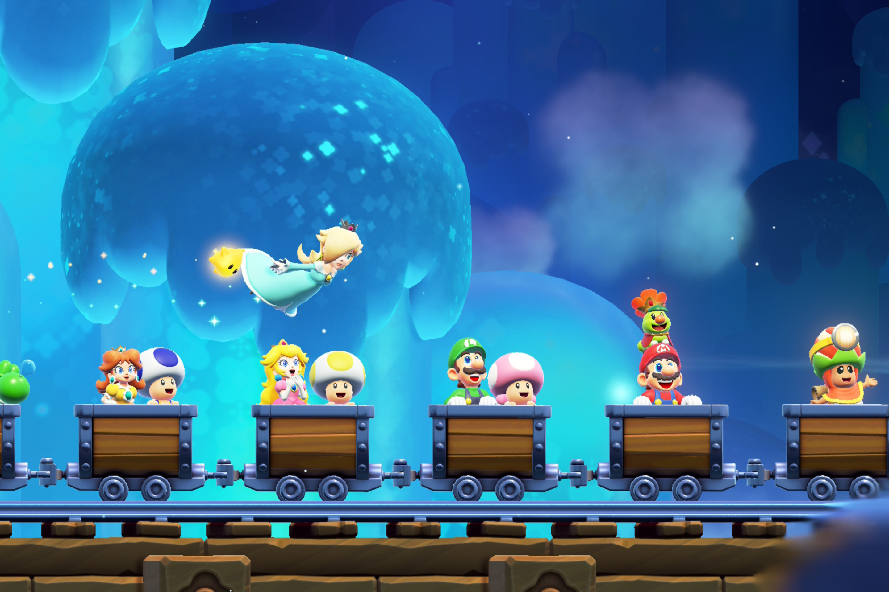 Cena do jogo Super Mario Bros. Wonder, vers&atilde;o Nintendo Switch 2, com adi&ccedil;&atilde;o da expans&atilde;o Encontro no Parque Bellabel