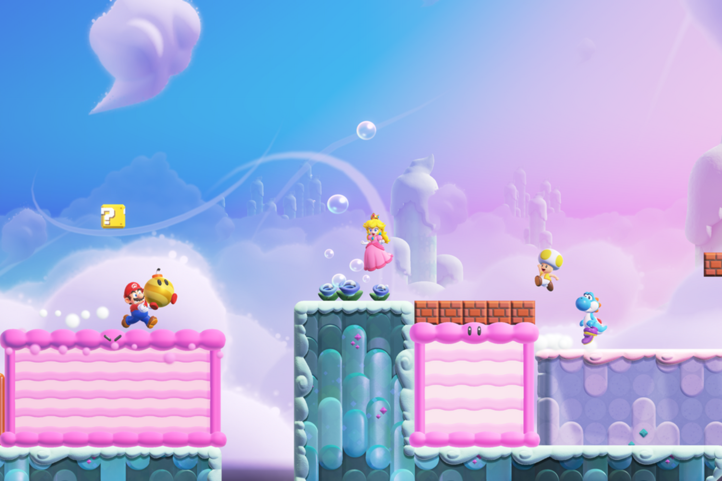 Cena do jogo Super Mario Bros. Wonder, vers&atilde;o Nintendo Switch 2, com adi&ccedil;&atilde;o da expans&atilde;o Encontro no Parque Bellabel