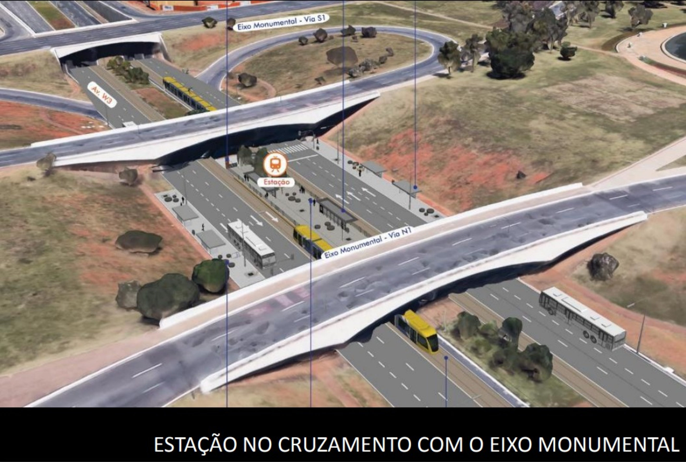 Representa&ccedil;&atilde;o do sistema de cruzamento do VLT com o Eixo Monumental