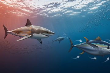 Concepção artística de um tubarão e um atum em um mar aquecido -  (crédito: Whisk/Google IA)