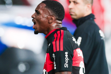 Evertton Araújo comemora golaço contra o Vitória; jogador virou titular do Flamengo -  (crédito: Foto: Gilvan de Souza / Flamengo)