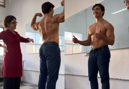Vídeo de estudante de medicina exibindo musculatura durante aula viralizou e já soma milhões de visualizações nas redes sociais -  (crédito: Reprodução/instagram (@lima_lifts @profaanacristinafalcao))
