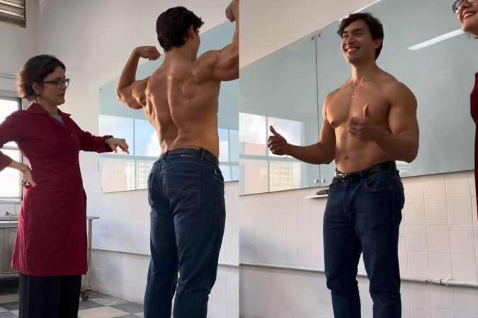 Vídeo de estudante de medicina exibindo musculatura durante aula viralizou e já soma milhões de visualizações nas redes sociais -  (crédito: Reprodução/instagram (@lima_lifts @profaanacristinafalcao))