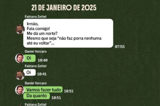 Mensagens entre Fabiano Zettel e Daniel Vorcaro