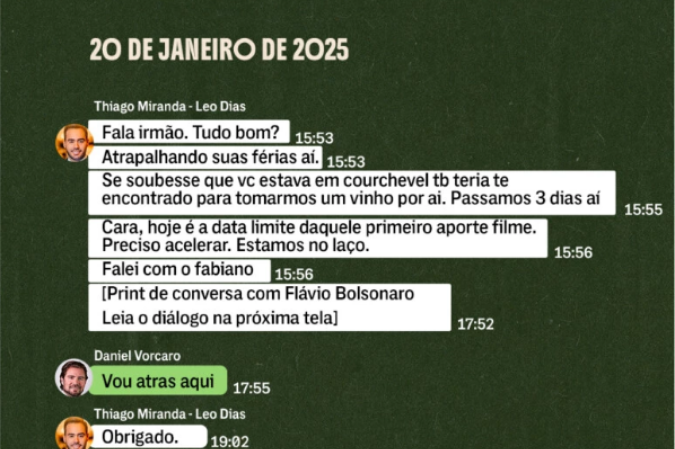 Thiago Miranda, apontado como intermediador das negociações entre Flávio Bolsonaro e Vorcaro, enviou mensagem ao banqueiro cobrando a realização do primeiro aporte previsto para o filme