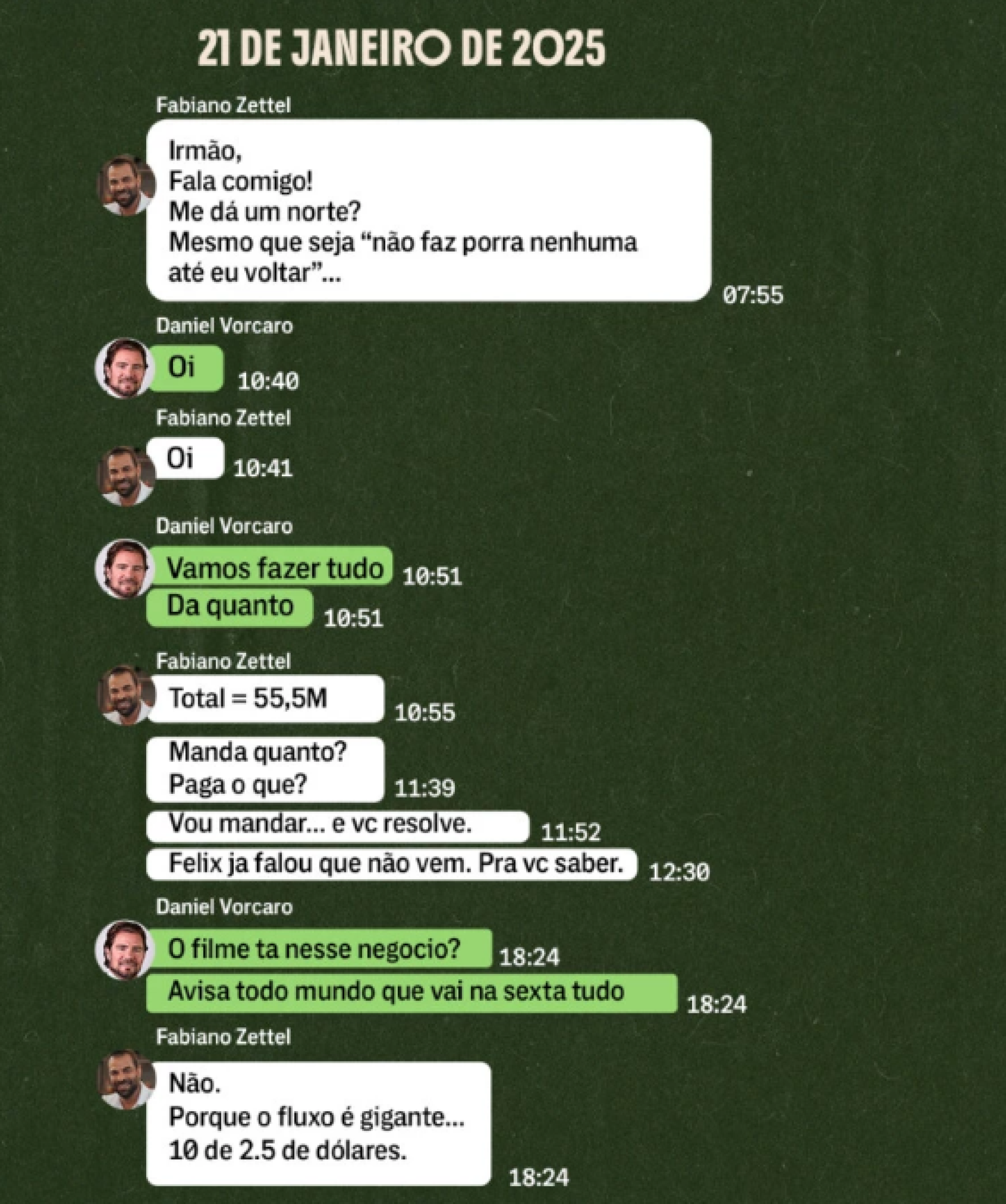 Mensagens entre Fabiano Zettel e Daniel Vorcaro