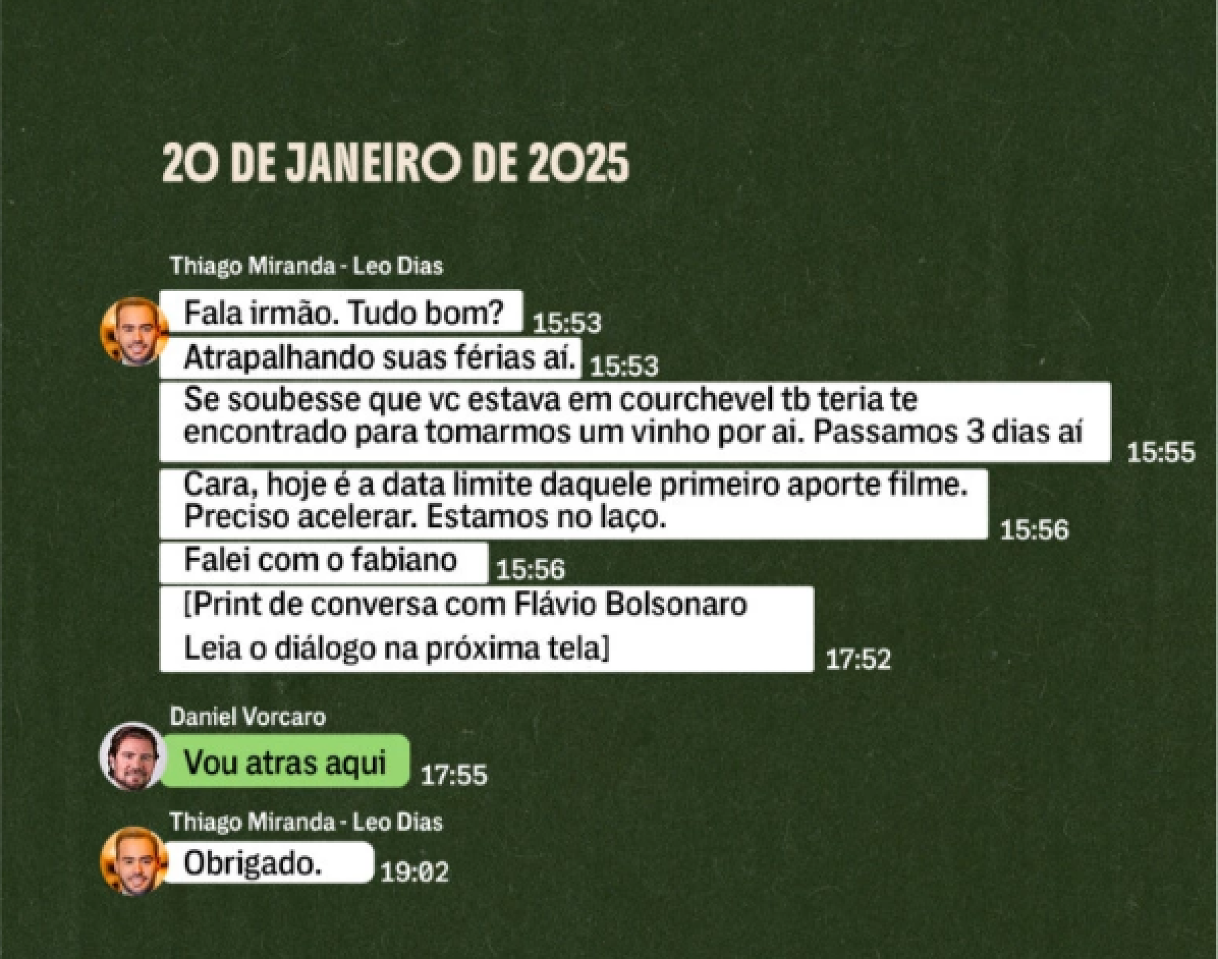 Thiago Miranda, apontado como intermediador das negocia&ccedil;&otilde;es entre Fl&aacute;vio Bolsonaro e Vorcaro, enviou mensagem ao banqueiro cobrando a realiza&ccedil;&atilde;o do primeiro aporte previsto para o filme