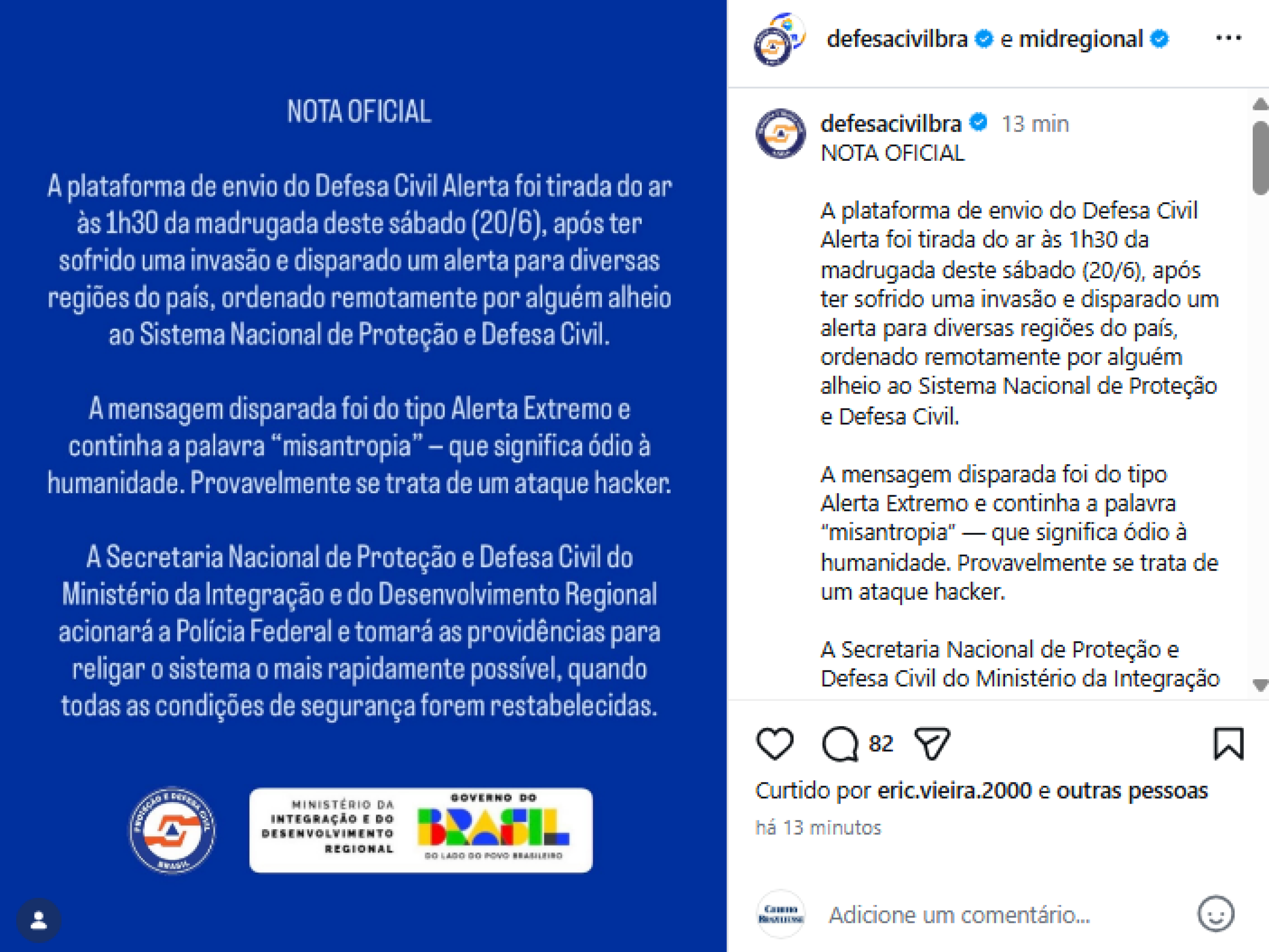 Postagem do Ministério do Desenvolvimento Regional