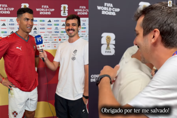 João Barretto entrevista CR7 e dá croissant para João Neves - (crédito: Reprodução/Instagram/joaopbarretto) João Barretto entrevista CR7 e dá croissant para João Neves - (crédito: Reprodução/Instagram/joaopbarretto)