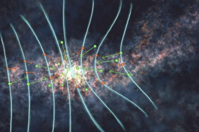 Ilustração mostra o processo de difusão ambipolar em berçários estelares, onde o campo magnético enfraquece para permitir a formação de estrelas - (crédito: Yurika Nakamura e Doris Arzoumanian/Kyushu University) Ilustração mostra o processo de difusão ambipolar em berçários estelares, onde o campo magnético enfraquece para permitir a formação de estrelas - (crédito: Yurika Nakamura e Doris Arzoumanian/Kyushu University)