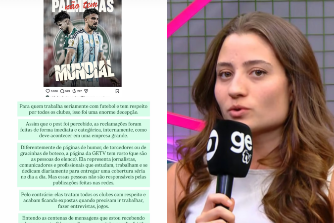 Comentarista afirmou que a publicação, apagada após repercussão, não representa o trabalho sério dos profissionais da emissora e disse ter ficado tão revoltada quanto os torcedores - (crédito: Reprodução/Redes Sociais) Comentarista afirmou que a publicação, apagada após repercussão, não representa o trabalho sério dos profissionais da emissora e disse ter ficado tão revoltada quanto os torcedores - (crédito: Reprodução/Redes Sociais)