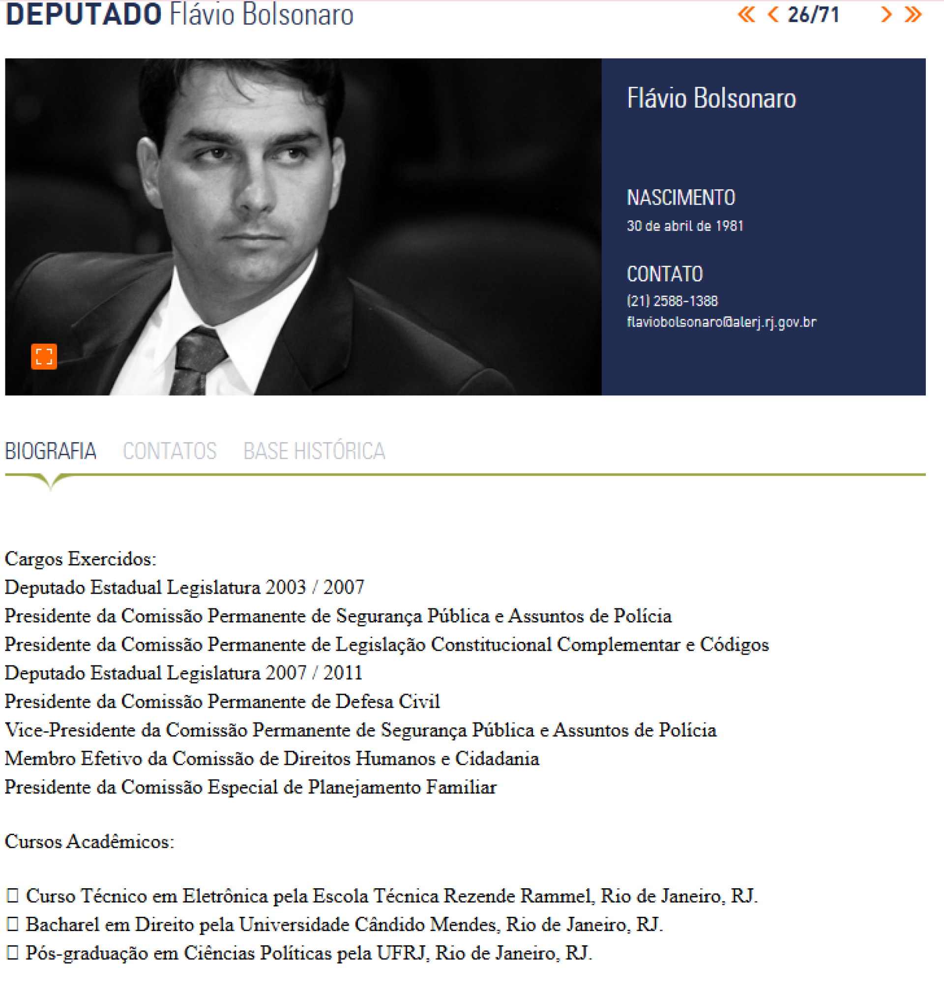 No print consta informa&ccedil;&atilde;o de que Fl&aacute;vio Bolsonaro tem p&oacute;s-gradua&ccedil;&atilde;o em Ci&ecirc;ncias Pol&iacute;ticas pela UFRJ
