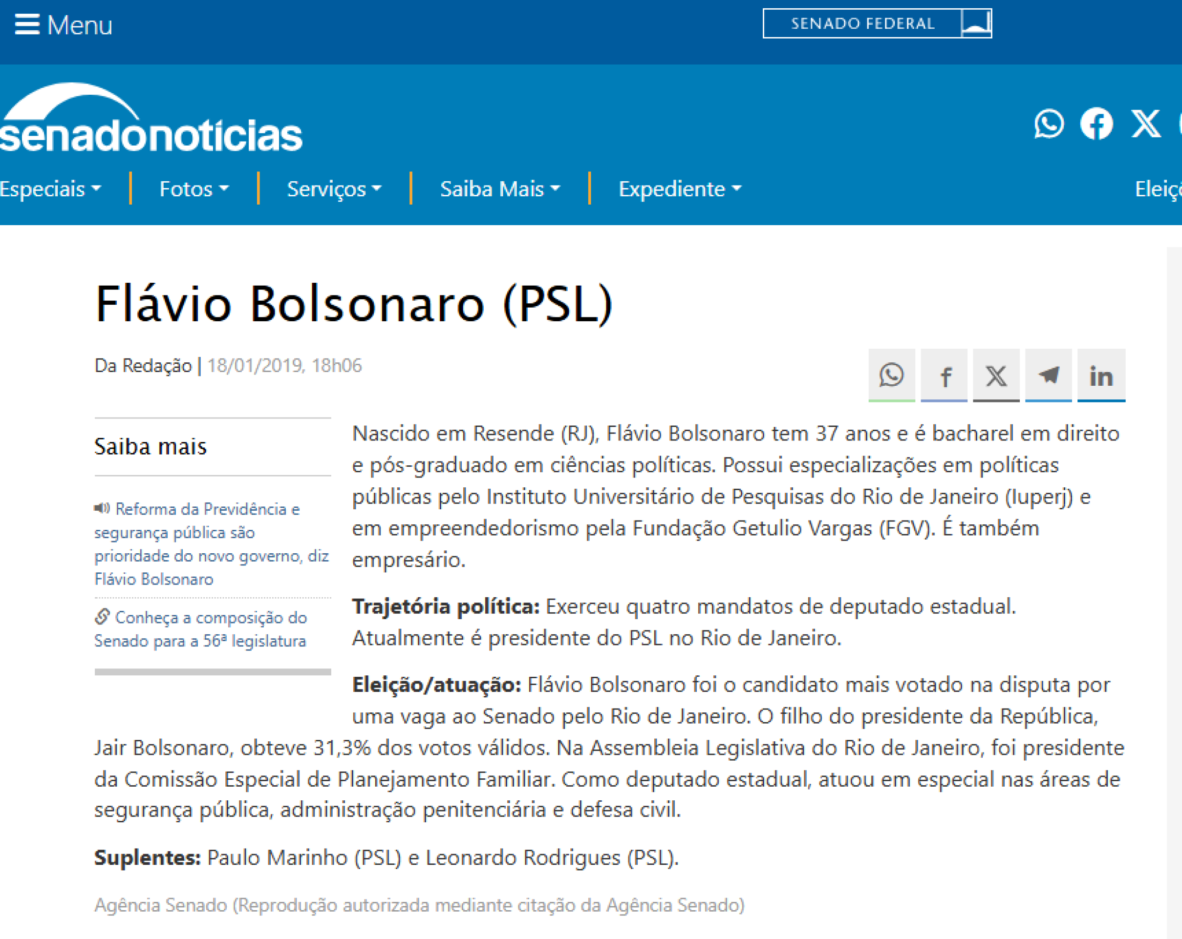 No print consta informa&ccedil;&atilde;o de que Fl&aacute;vio Bolsonaro tem p&oacute;s-gradua&ccedil;&atilde;o em Ci&ecirc;ncias Pol&iacute;ticas