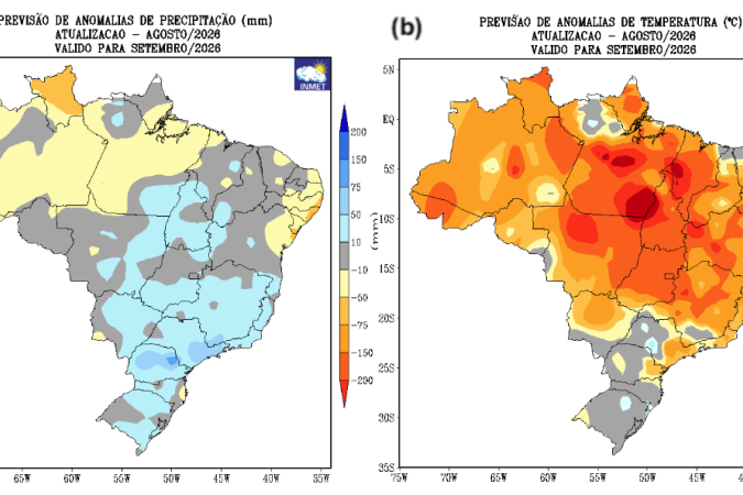 Modelo climático do INMET para o mês de setembro de 2026 - (crédito: Reprodução/Inmet) Modelo climático do INMET para o mês de setembro de 2026 - (crédito: Reprodução/Inmet)