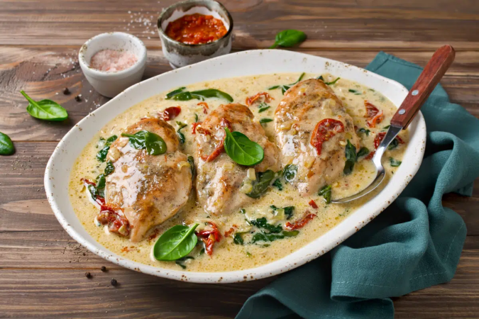 Filé de frango cremoso com espinafre e tomate (Imagem: vkuslandia | Shutterstock)
- (crédito: EdiCase) Filé de frango cremoso com espinafre e tomate (Imagem: vkuslandia | Shutterstock)
- (crédito: EdiCase)