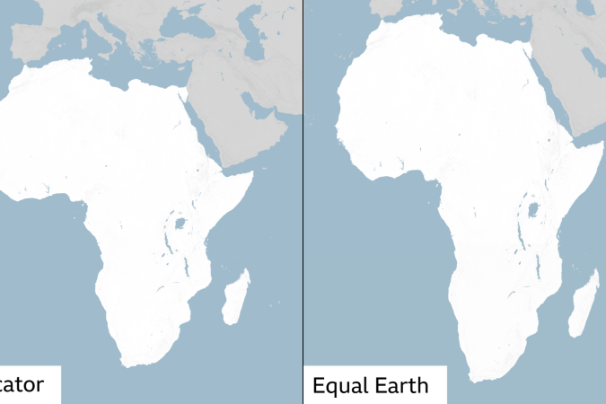 ONU aprova novo mapa-múndi mais fiel ao tamanho real da África - (crédito: BBC Geral) ONU aprova novo mapa-múndi mais fiel ao tamanho real da África - (crédito: BBC Geral)