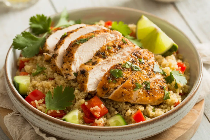 Frango grelhado com quinoa e vegetais (Imagem: Pablo Morales Food | Shutterstock) - (crédito: EdiCase) Frango grelhado com quinoa e vegetais (Imagem: Pablo Morales Food | Shutterstock) - (crédito: EdiCase)