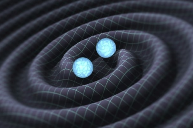 Ondas gravitacionais, ilustradas aqui como perturbações no espaço-tempo, são usadas para medir a taxa de expansão do Universo - (crédito: Caltech/LIGO) Ondas gravitacionais, ilustradas aqui como perturbações no espaço-tempo, são usadas para medir a taxa de expansão do Universo - (crédito: Caltech/LIGO)
