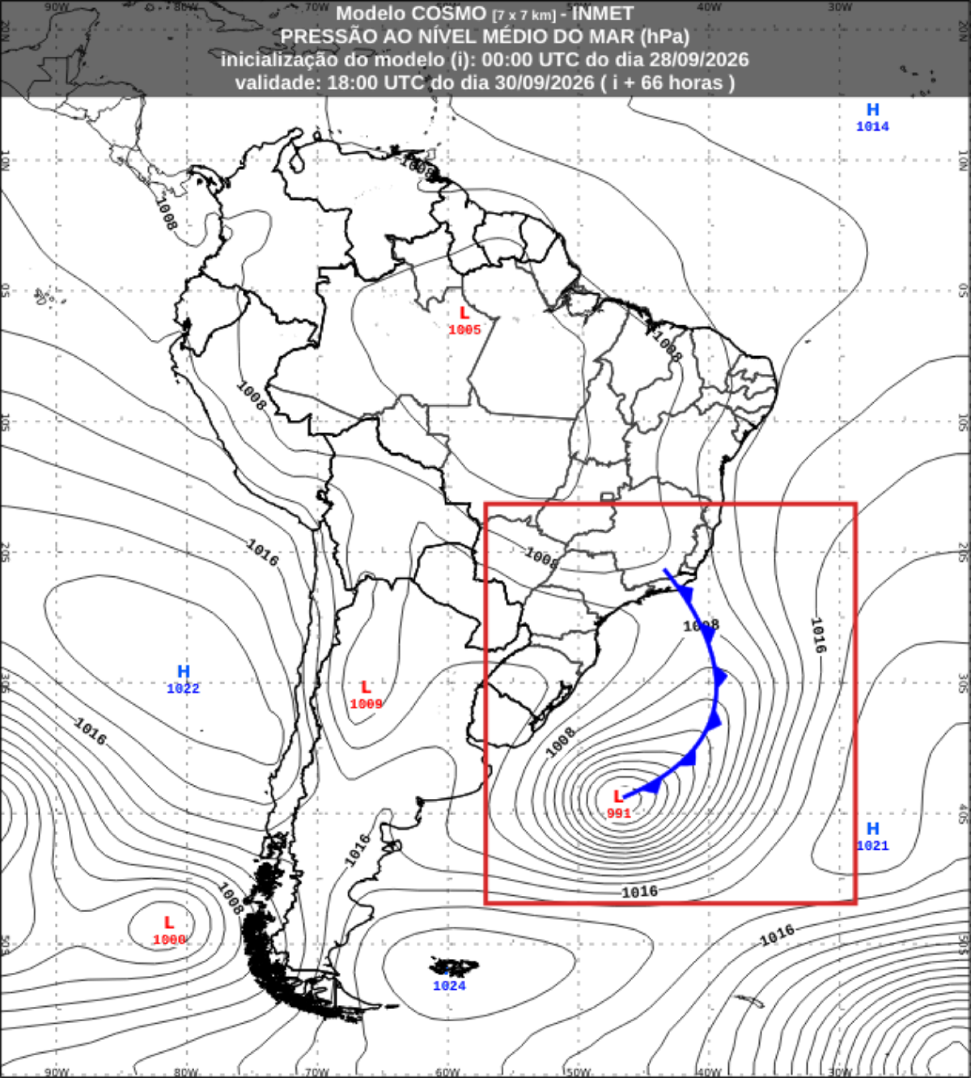 Previsão de pressão ao nível do mar para a tarde de quarta-feira (30). O retângulo vermelho destaca a região de atuação do ciclone extratropical, já estabelecido, e sua frente fria associada, que passa pelo estado do Rio de Janeiro.