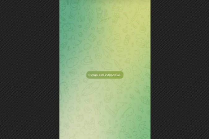 A mensagem de canal indisponível em um perfil do Telegram reflete a remoção de conteúdos relacionados a apostas on-line pelo aplicativo - (crédito: Reprodução/Telegram) A mensagem de canal indisponível em um perfil do Telegram reflete a remoção de conteúdos relacionados a apostas on-line pelo aplicativo - (crédito: Reprodução/Telegram)