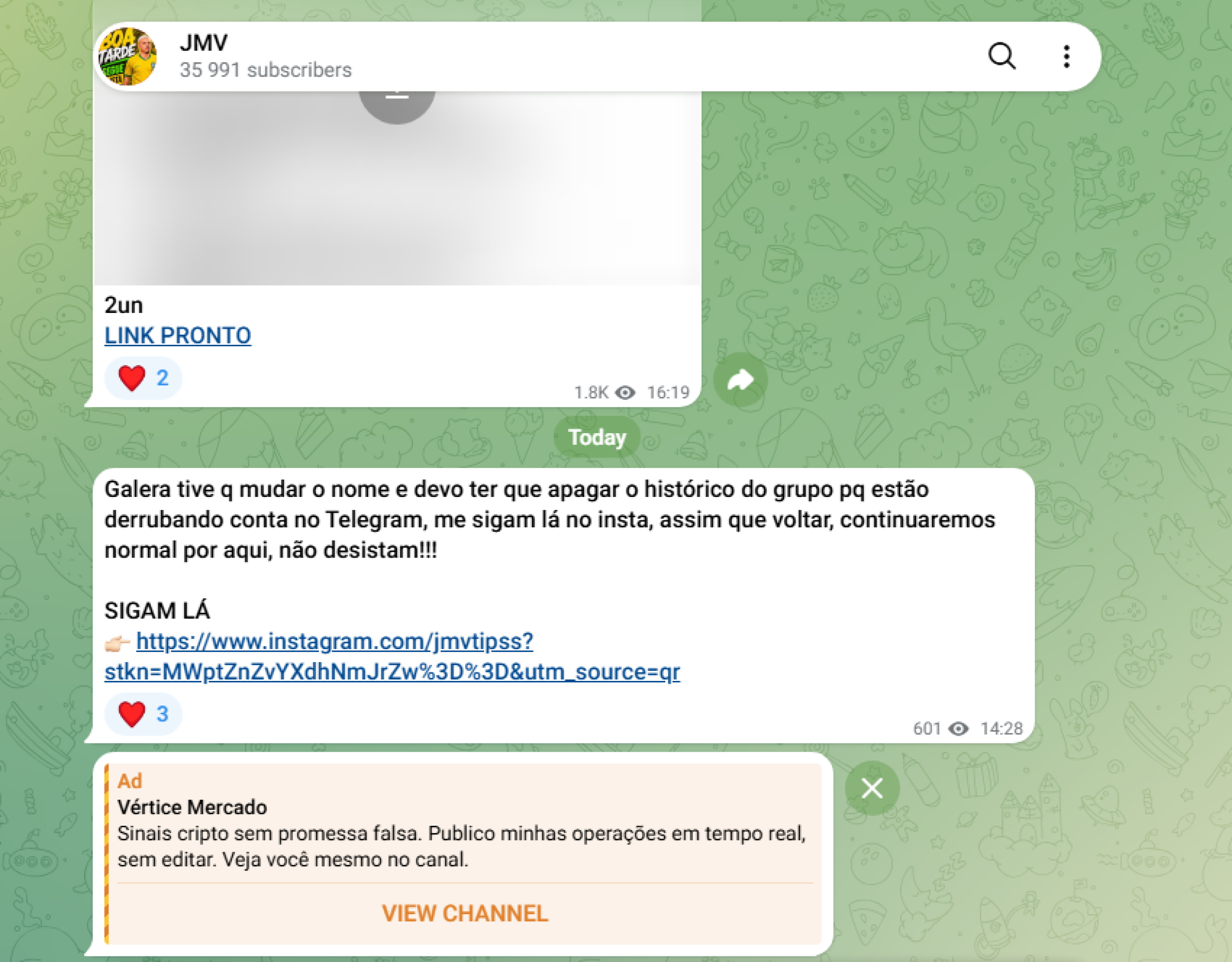 Canal JMV, que antes se chamava JMV Tips Free, pede para os seguidores passarem a segui-lo no Instagram