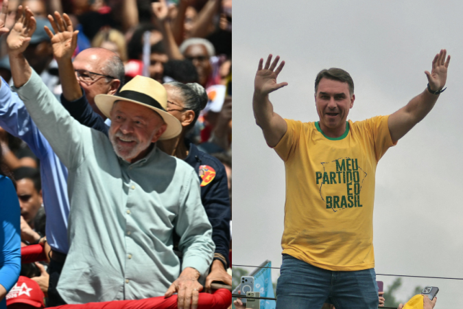 Na pesquisa anterior, divulgada na quinta-feira (1º), o petista tinha 45% dos votos válidos, enquanto Flávio somava 40% - (crédito: Luis Robayo/AFP e Douglas Shineidr/AFP) Na pesquisa anterior, divulgada na quinta-feira (1º), o petista tinha 45% dos votos válidos, enquanto Flávio somava 40% - (crédito: Luis Robayo/AFP e Douglas Shineidr/AFP)