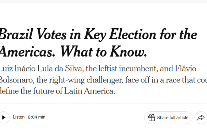 A imprensa internacional destacou os projetos opostos dos candidatos em temas como relações exteriores, proteção da Amazônia e economia - (crédito: Reprodução/NYT) A imprensa internacional destacou os projetos opostos dos candidatos em temas como relações exteriores, proteção da Amazônia e economia - (crédito: Reprodução/NYT)