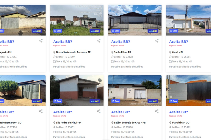 Página da internet com imóveis disponíveis para venda na campanha Aceita BB, do Banco do Brasil, oferecidos sem lance mínimo - (crédito: Reprodução/Seuimovelbb.com.br/catalogo/categoria/aceita-bb) Página da internet com imóveis disponíveis para venda na campanha Aceita BB, do Banco do Brasil, oferecidos sem lance mínimo - (crédito: Reprodução/Seuimovelbb.com.br/catalogo/categoria/aceita-bb)