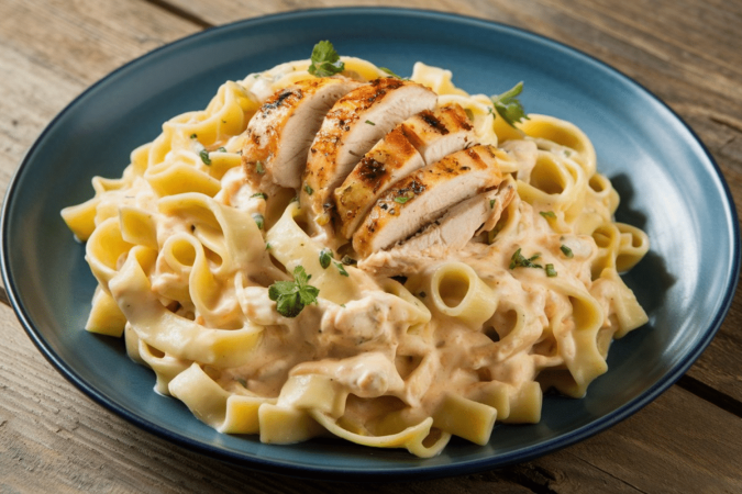 Macarrão ao molho branco com filé de frango grelhado (Imagem: Sham Clicks | Shutterstock) - (crédito: EdiCase) Macarrão ao molho branco com filé de frango grelhado (Imagem: Sham Clicks | Shutterstock) - (crédito: EdiCase)